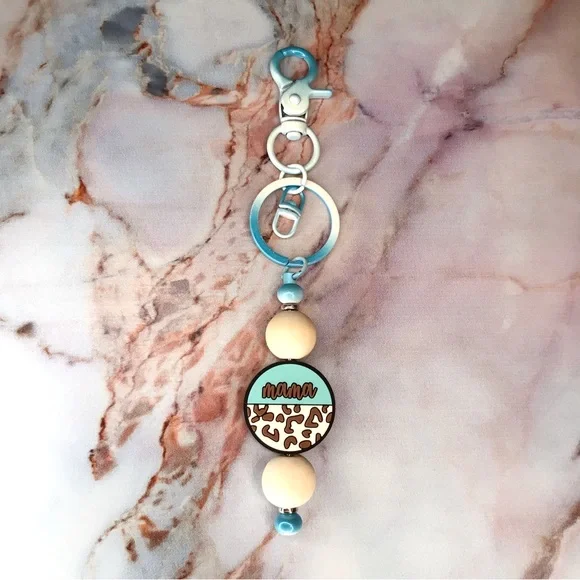 Handmade Keychain Mama with Brown Leopard Print & Wooden Beads - Picture 2 of 4